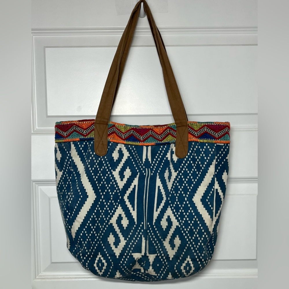 Boho Tribal Tote Bag Blue Canvas Aztec Beach Travel Shoulder Bag - Picture 2 of 8
